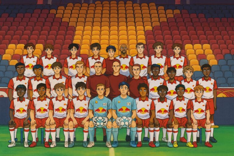 Anime-Illustration eines Mannschaftsfotos in Red-Bull-Salzburg-Trikots im Stadion