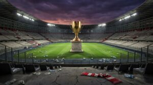Symbolbild eines WM-Pokals auf leerem Stadionrasen mit zurückgelassenem Fanschal