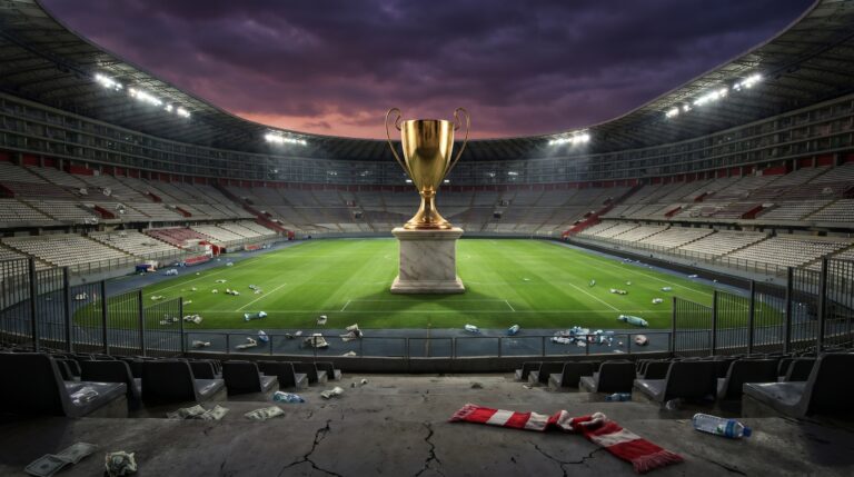 Symbolbild eines WM-Pokals auf leerem Stadionrasen mit zurückgelassenem Fanschal