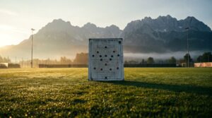 Magnettafel mit Pressing-Taktik des FC Red Bull Salzburg auf einem Trainingsplatz vor Bergkulisse